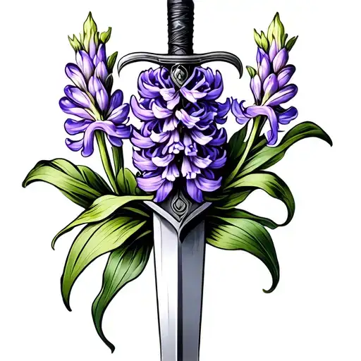 purple hyacinth coiling around a dagger intertwined tattoo design idea