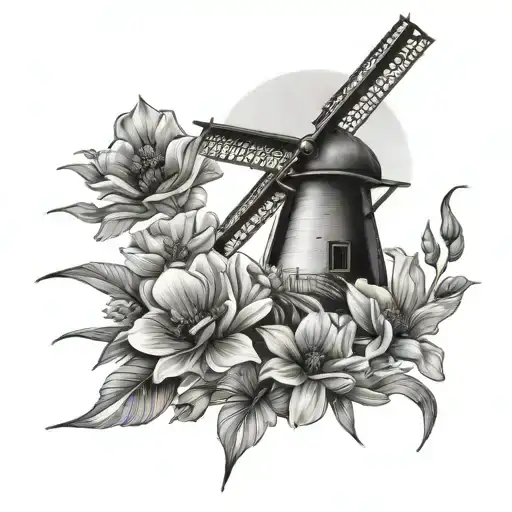 windmill and poppies tattoo design idea