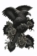 black raven with spreaded wings on top of a skull, surrounded with flowers tattoo design idea