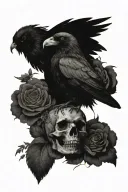 black raven with spreaded wings on top of a skull, surrounded with flowers tattoo design idea