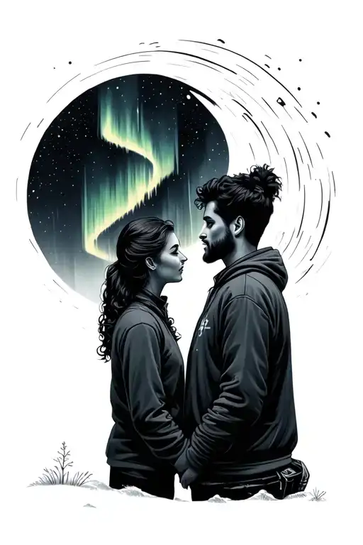 couple watching the aurora borealis tattoo design idea