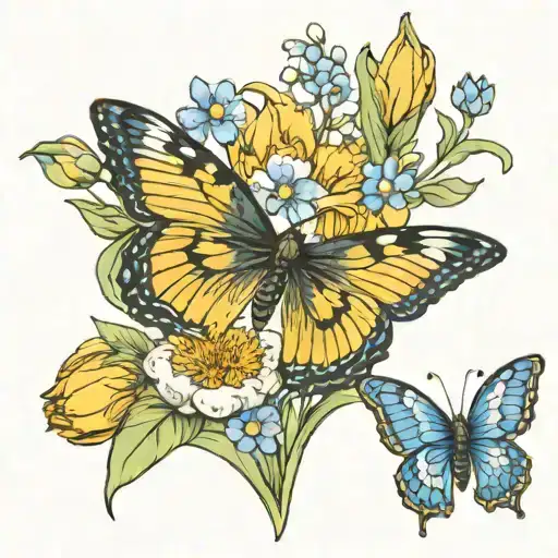 forget me not, tulip, marigold bouqet with butterfly tattoo design idea