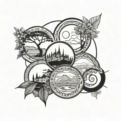 A symbolic tattoo featuring 5 interconnected circles representing the unity of a family of 5 against the backdrop of La Palma's scenery tattoo design idea