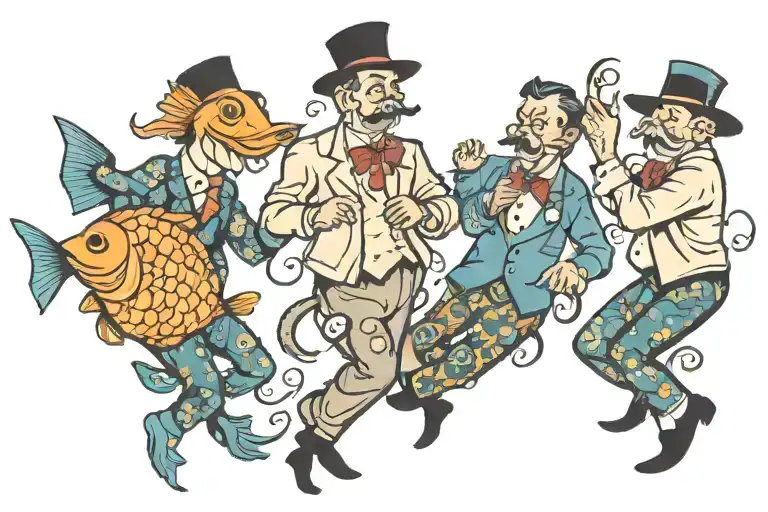 three gentleman between fish dancing tattoo design idea