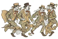 three gentleman between fish dancing tattoo design idea