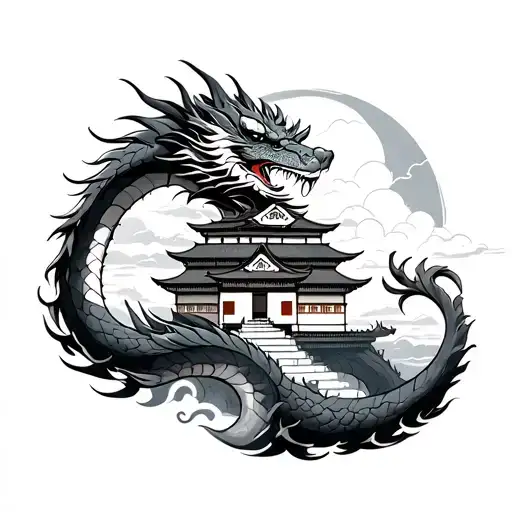 A Japanese dragon rolled on top of a Japanese castle tattoo design idea