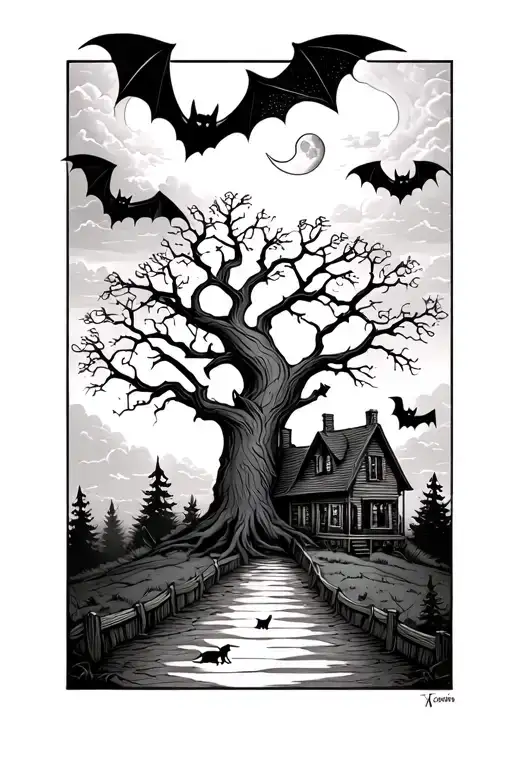bats with a poison tree with a cresent moon with pathway to a house in a forest with a cat and clouds. tattoo design idea