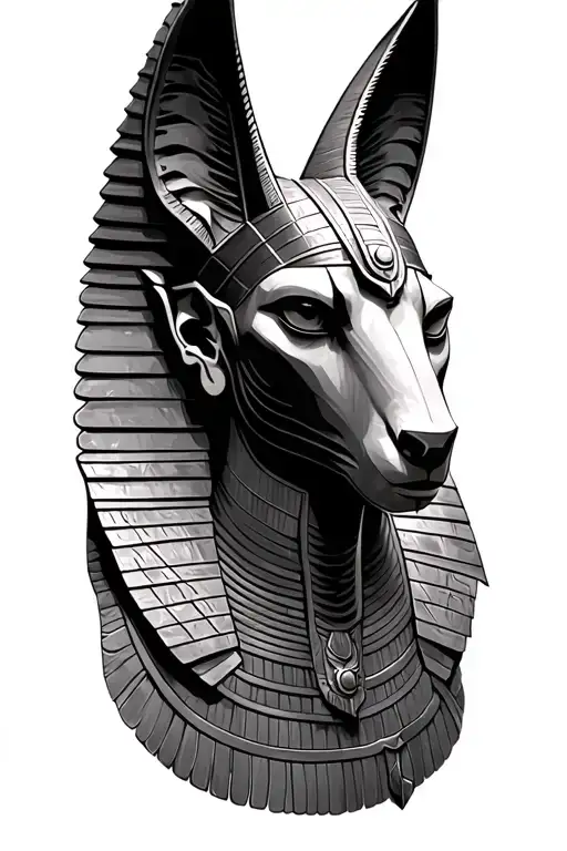 Realistic Anubis head sculpted in stone Egyptian armor with headpiece High contrast bold shading placed angled realistic tattoo design idea