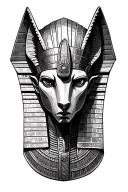 Realistic Anubis head sculpted in stone Egyptian armor with headpiece High contrast bold shading placed angled realistic tattoo design idea