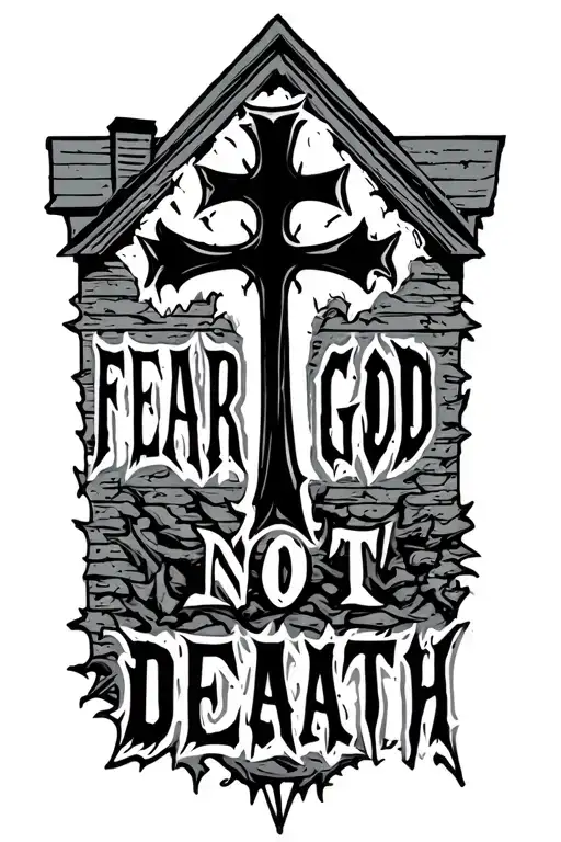"Fear god not death " cross on a house tattoo design idea