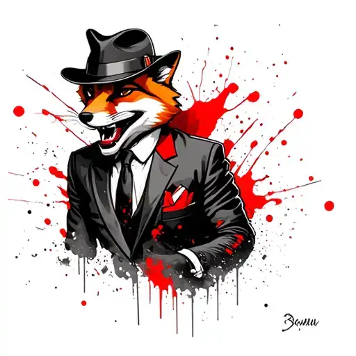 Fox with a sly laugh in a suit and a hat tattoo design idea