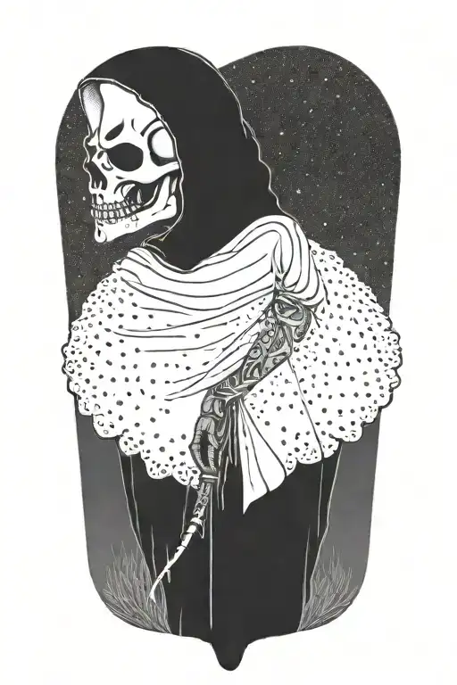 a woman and a huge hooded reaper walking away together tattoo design idea