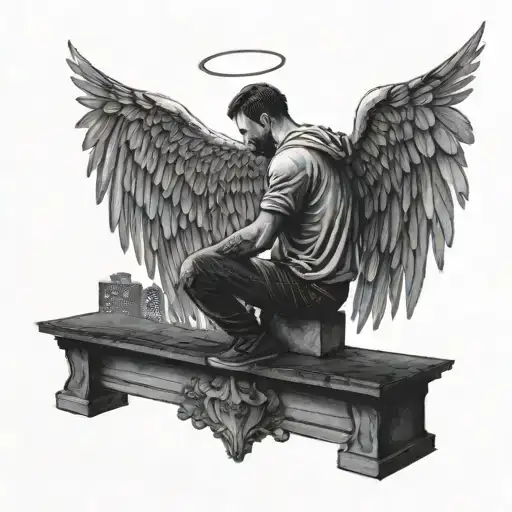 Man with angel wings looking over the night city lights from a far standing over a ledge facing the city tattoo design idea