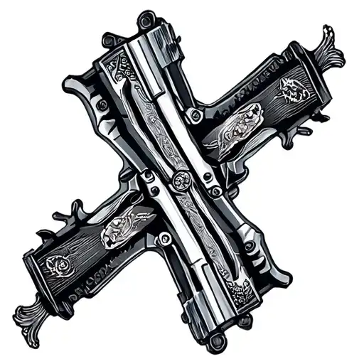 A hyper-detailed illustration of Alucard’s twin pistols from Hellsing, the Casull and Jackal, crossed in an X formation. tattoo design idea