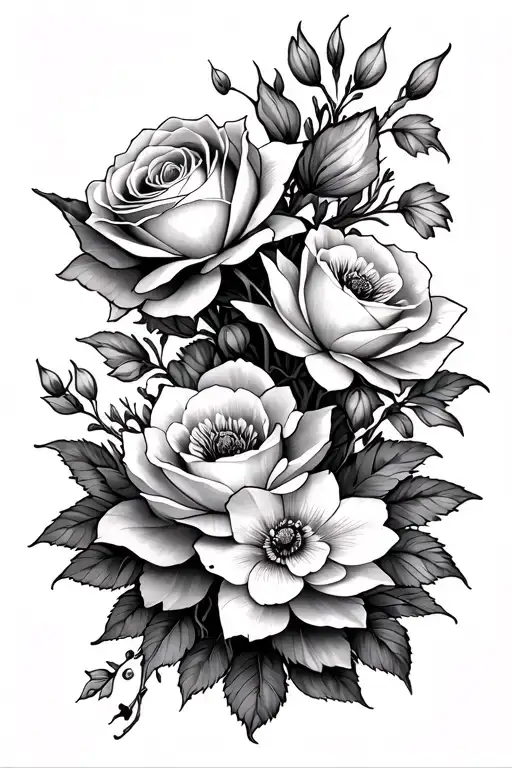 rose, waterlilly, poppy, gladiolus, cherry blossoms climbing forearm tattoo design idea
