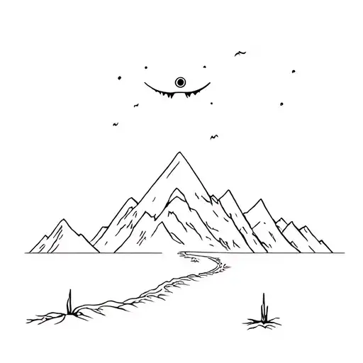 minimal tattoo with mountains with mouth and one eye, two snow sticks planted in the ground and a path made of shoe prin tattoo design idea