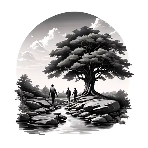 A realistic stream with rocks and stone leading up to an oak tree. mom, dad, and baby walking up to the tree  tattoo design idea