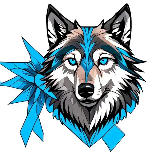 wolf head with blue eyes. a hint of angel and demon. with blue ribbon for colorectal cancer tattoo design idea