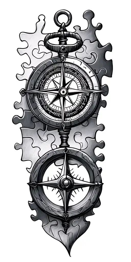 nautical compass and jigsaw puzzle piece tattoo design idea
