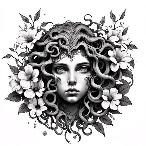 Medusa head tattoo featuring growth and rebirth flowers. symbolizes a persons journey through their sexual assault.  tattoo design idea