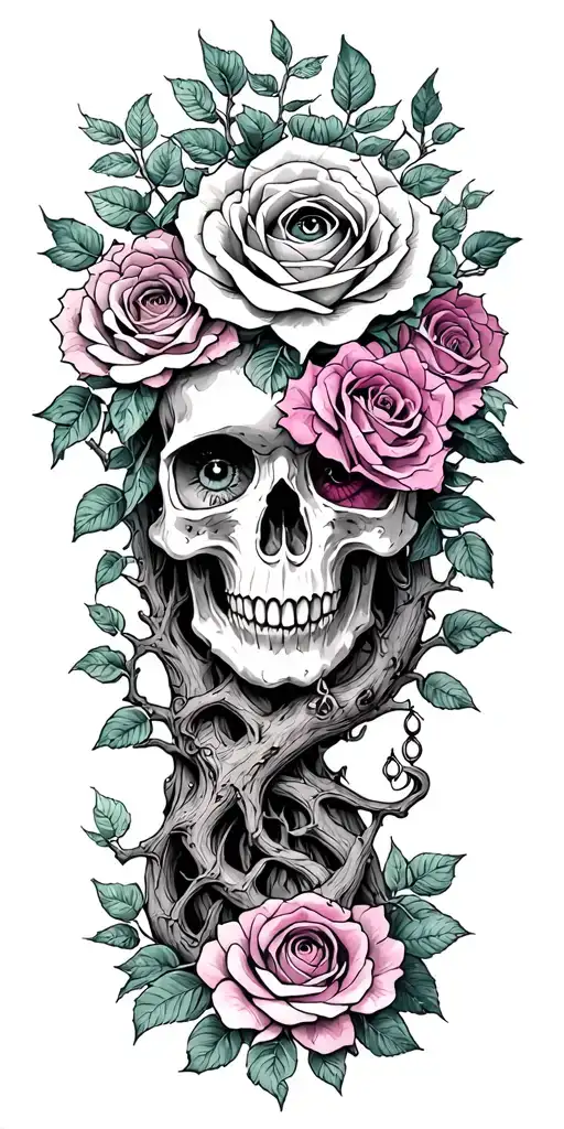 family tree, rose intertwined, all seeing eye, skull, scales, truth tattoo design idea