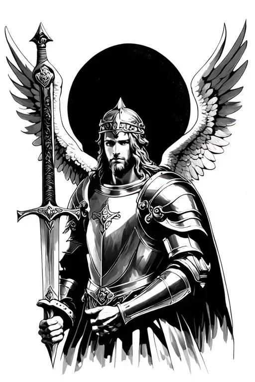 archangel saint michael in armor with a sword in hand head tattoo design idea