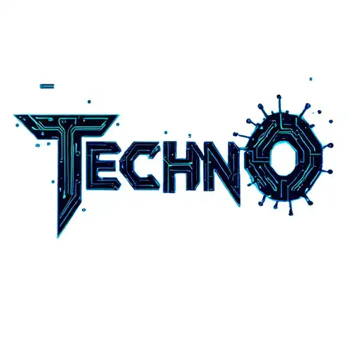 "TECHN O" the word TECHNO in stylish futuristic font that´s being infected with a virus that look like circuits tattoo design idea
