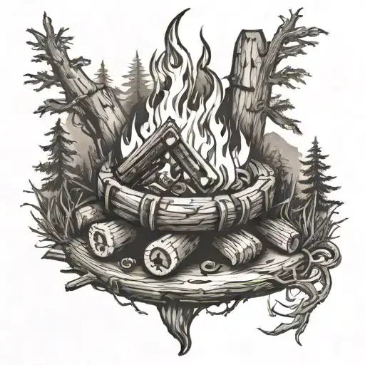 A black-grey tattoo of a campfire with welding flames and family initials carved into the wood tattoo design idea