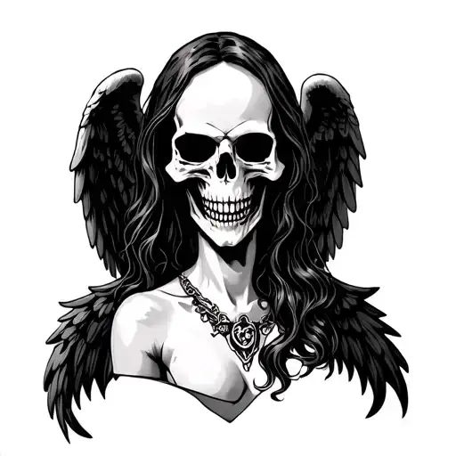 grim reaper bust with jac sparau skull and a sexy angel bust that intertwines tattoo design idea
