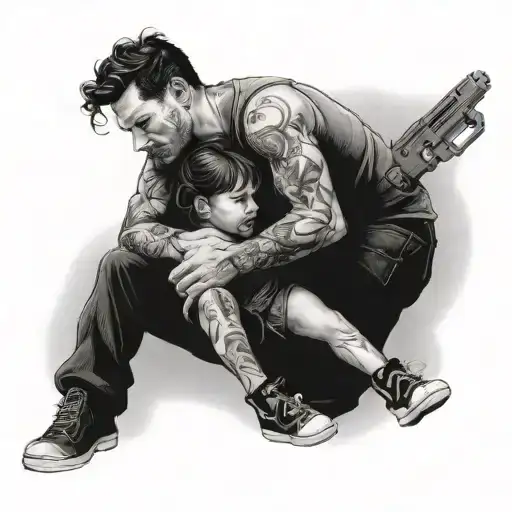 Man and woman hugging and pointing gun, little girl hugging man's leg. tattoo design idea