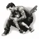 Man and woman hugging and pointing gun, little girl hugging man's leg. tattoo design idea