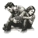 Man and woman hugging and pointing gun, little girl hugging man's leg. tattoo design idea