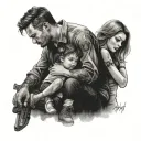 Man and woman hugging and pointing gun, little girl hugging man's leg. tattoo design idea