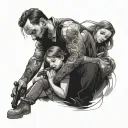 Man and woman hugging and pointing gun, little girl hugging man's leg. tattoo design idea