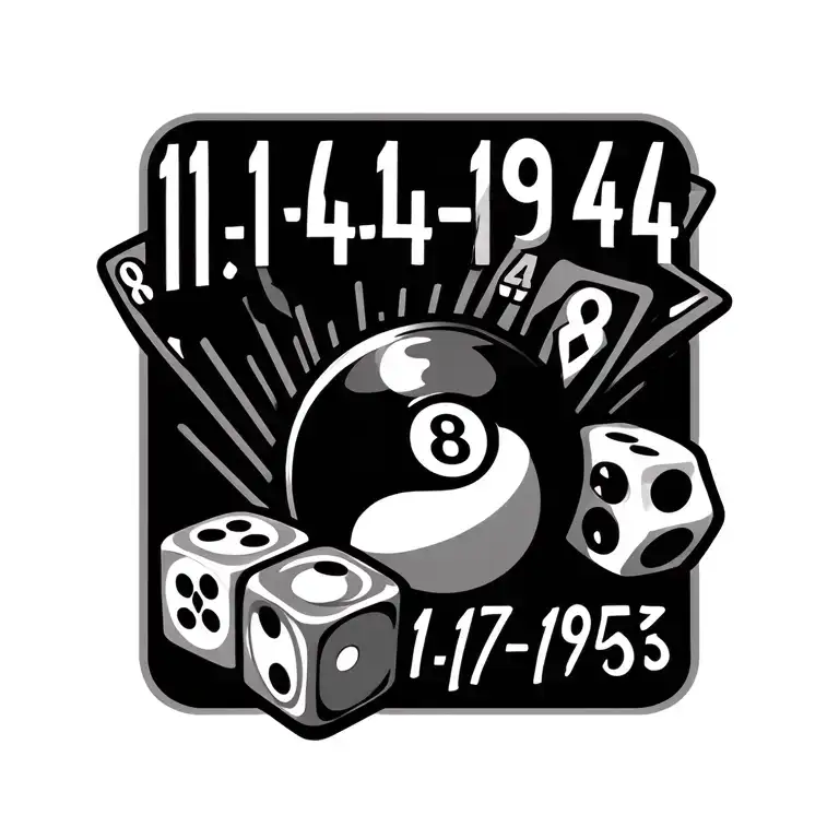 "11-14-1946. 01-17-1953" cards, 8ball, dice symbolizing the gamble tattoo design idea