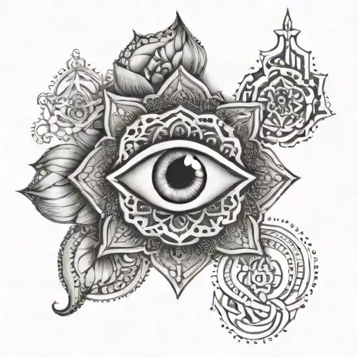 evil eye, lotus, hamsa hand, and ancient breathe Sanskrit symbol all intertwined  tattoo design idea