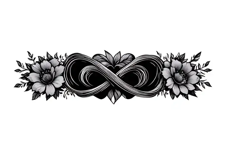 fine line memorial infinity loop, hearts, flowers tattoo design idea