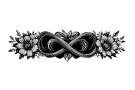 fine line memorial infinity loop, hearts, flowers tattoo design idea