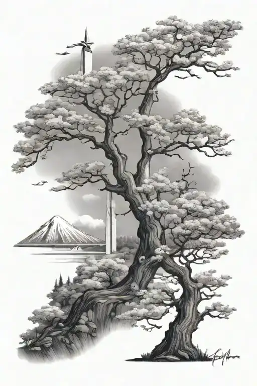 Start over. Create me an arm sleeve tattoo. I want mount rainier, depicted cherry blossom trees, the Washington monument tattoo design idea