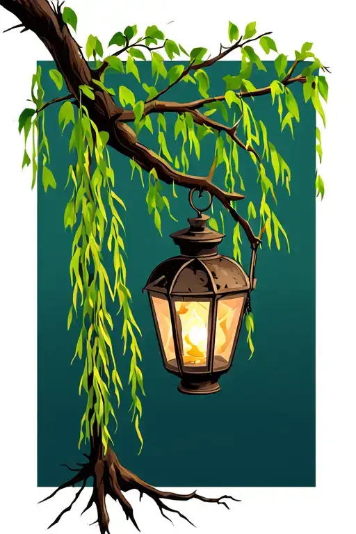 a willow tree with a cracked lantern, still lit, hanging from a bent low branch tattoo design idea