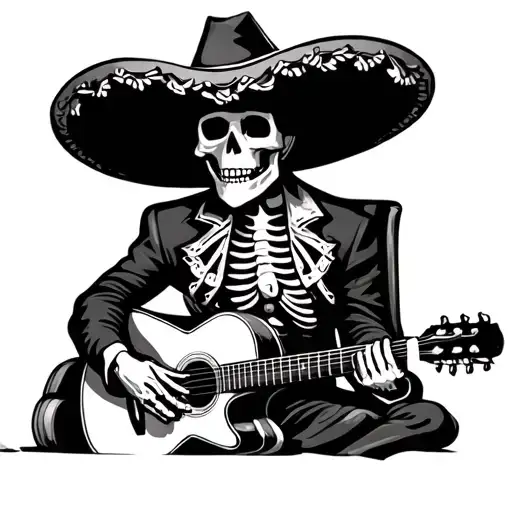 mariachi skeleton sitting down playing guitar simple tattoo design idea