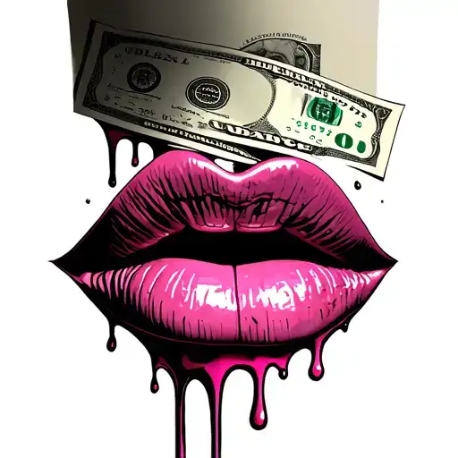 pink dripping lips with money tattoo design idea