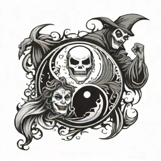 yin yang circle symbol with the Joker as the light and Grim Reaper as the dark side. tattoo design idea