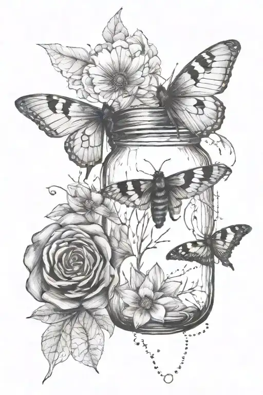 minimalist tattoo showing a chipped mason jar and just one pretty, lunar moth flying nearby with celestial images dotted tattoo design idea