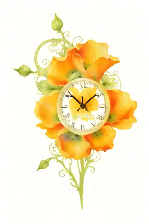 poppy flowers, analog clock at 12:12, skull, scales of justice , @, feminine  tattoo design idea