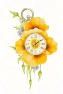 poppy flowers, analog clock at 12:12, skull, scales of justice , @, feminine  tattoo design idea