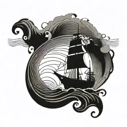 A ship sailing on a sea of musical waves, reflecting the client's occupation as a seaman and love for music tattoo design idea
