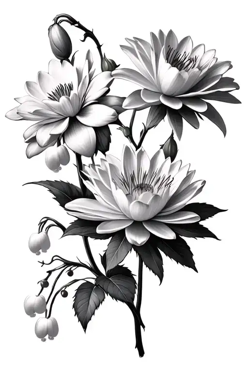 Waterlillies;  roses; lily of the valley flowers; aster flower; marigold flower: dark background realism tattoo design idea