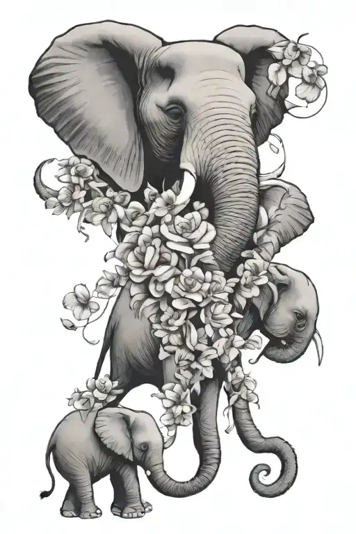 flowers intertwined with elephants representing family tattoo design idea