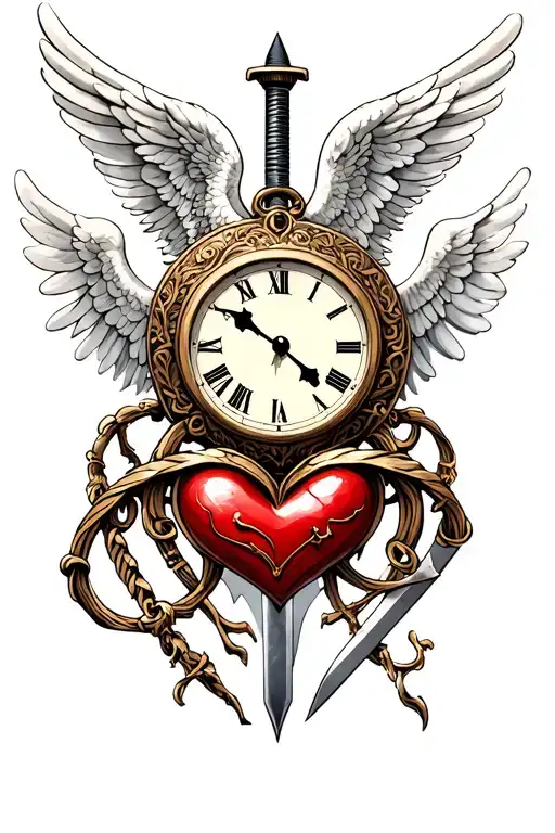 clock sword crying angel and heart shaped lock intertwined tattoo design idea